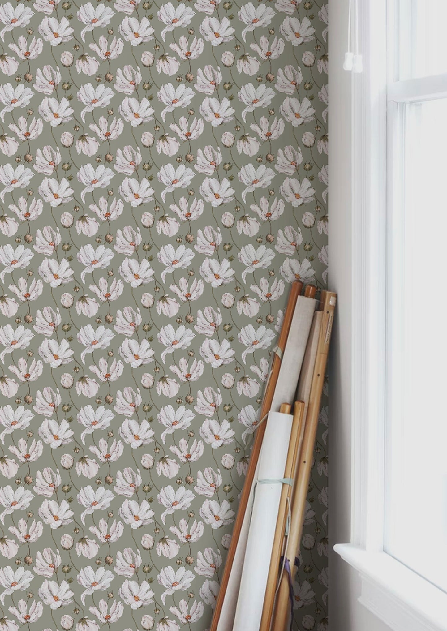 Summer Gray Behang - Daisies - Groen