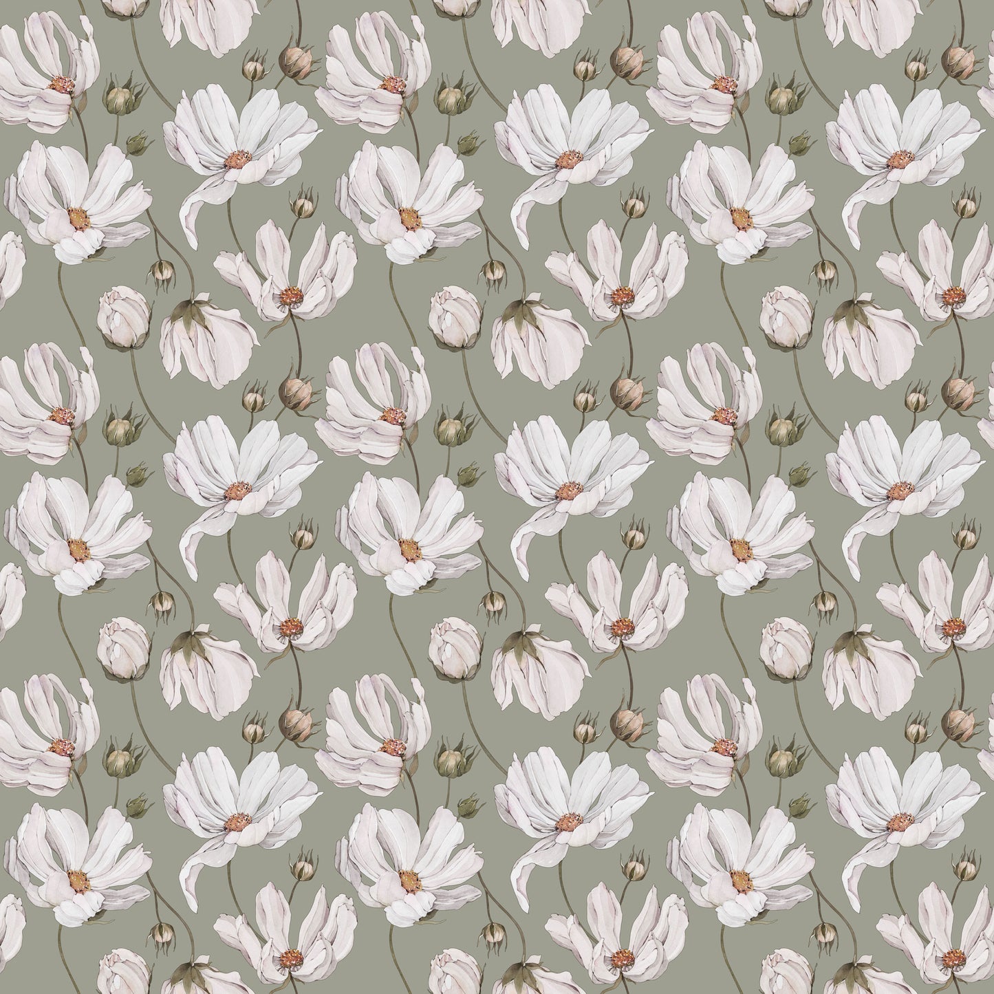 Summer Gray Behang - Daisies - Groen