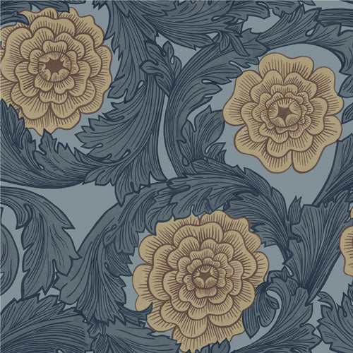 Bloemenbehang - Bloemen & Bladeren - Blauw en Bruin