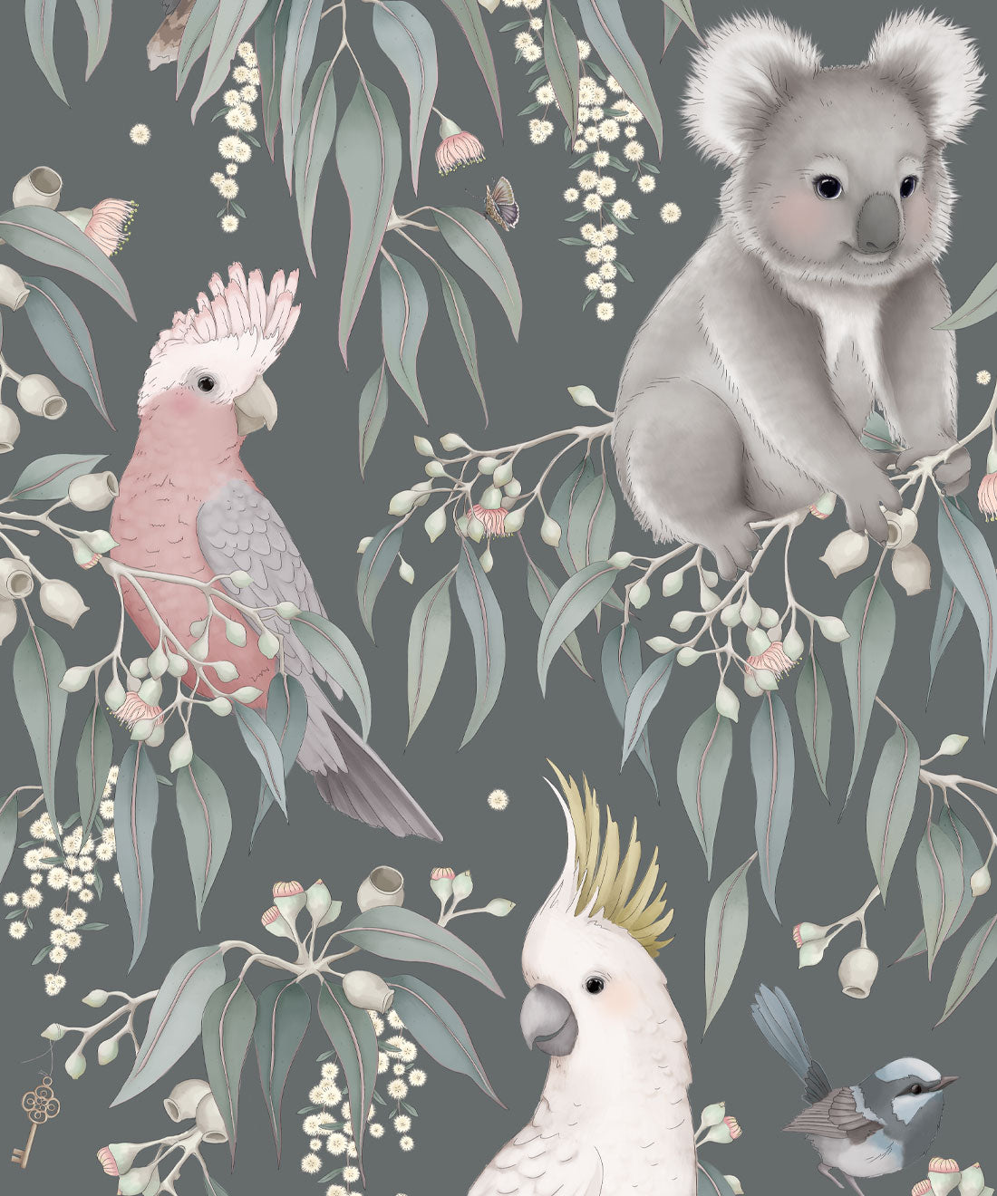 Wandtapete für das Kinderzimmer - Bush Babies von Fleur Harris - Gum Grey