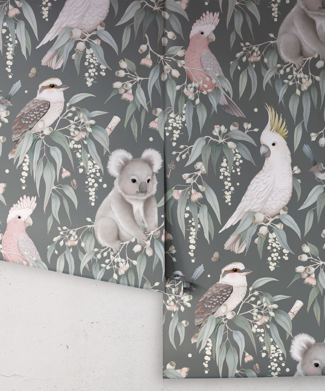 Wandtapete für das Kinderzimmer - Bush Babies von Fleur Harris - Gum Grey
