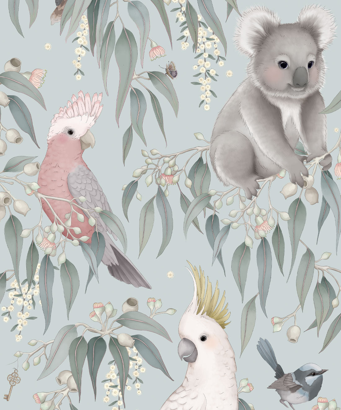 Wandtapete für das Kinderzimmer - Bush Babies von Fleur Harris - Sanftes Blau