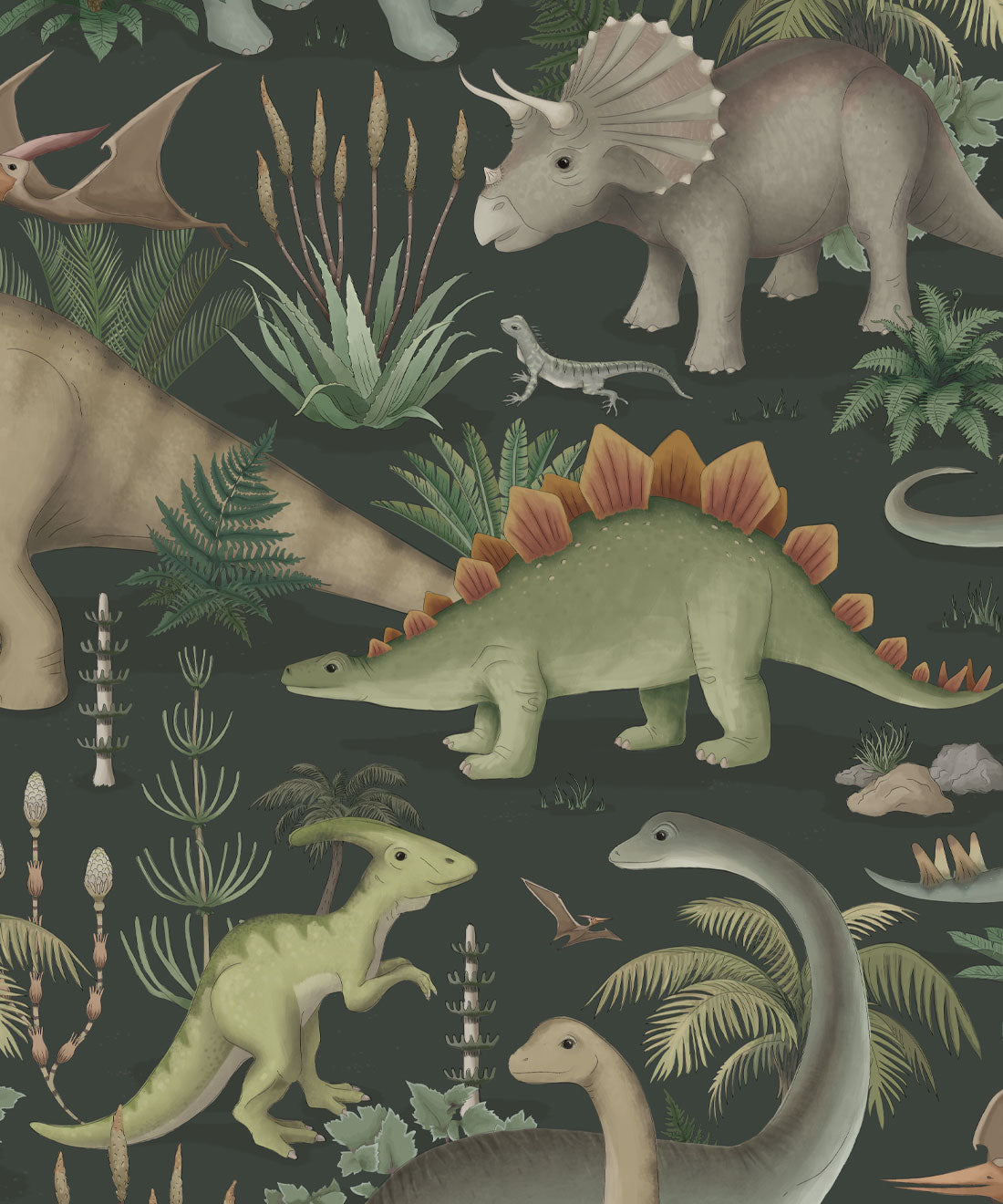 Wandtapete für das Kinderzimmer - Prehistorica von Fleur Harris - Tiefer Dschungel