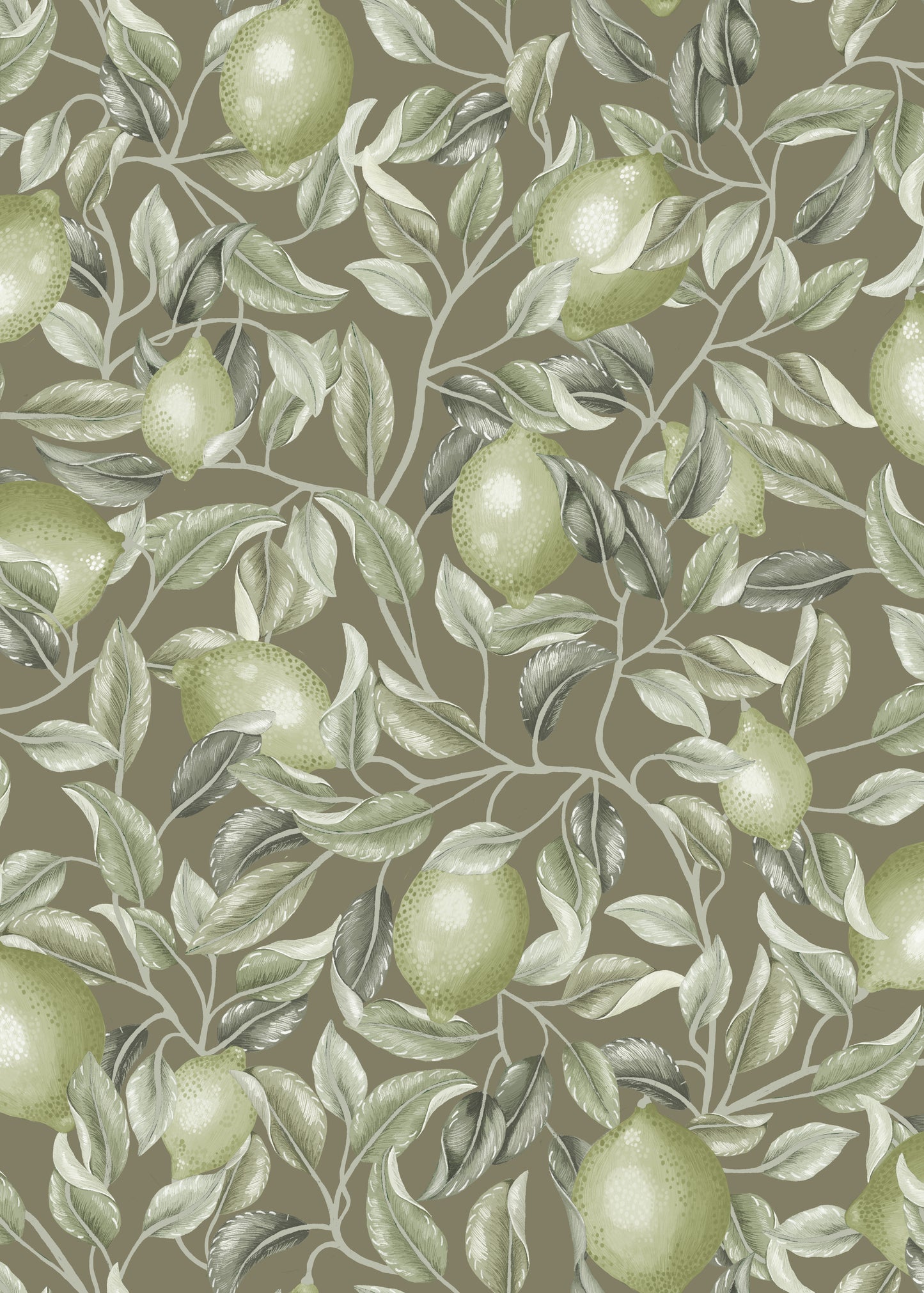 Summer Gray Wallpaper - Lemon Trees - Olive Green