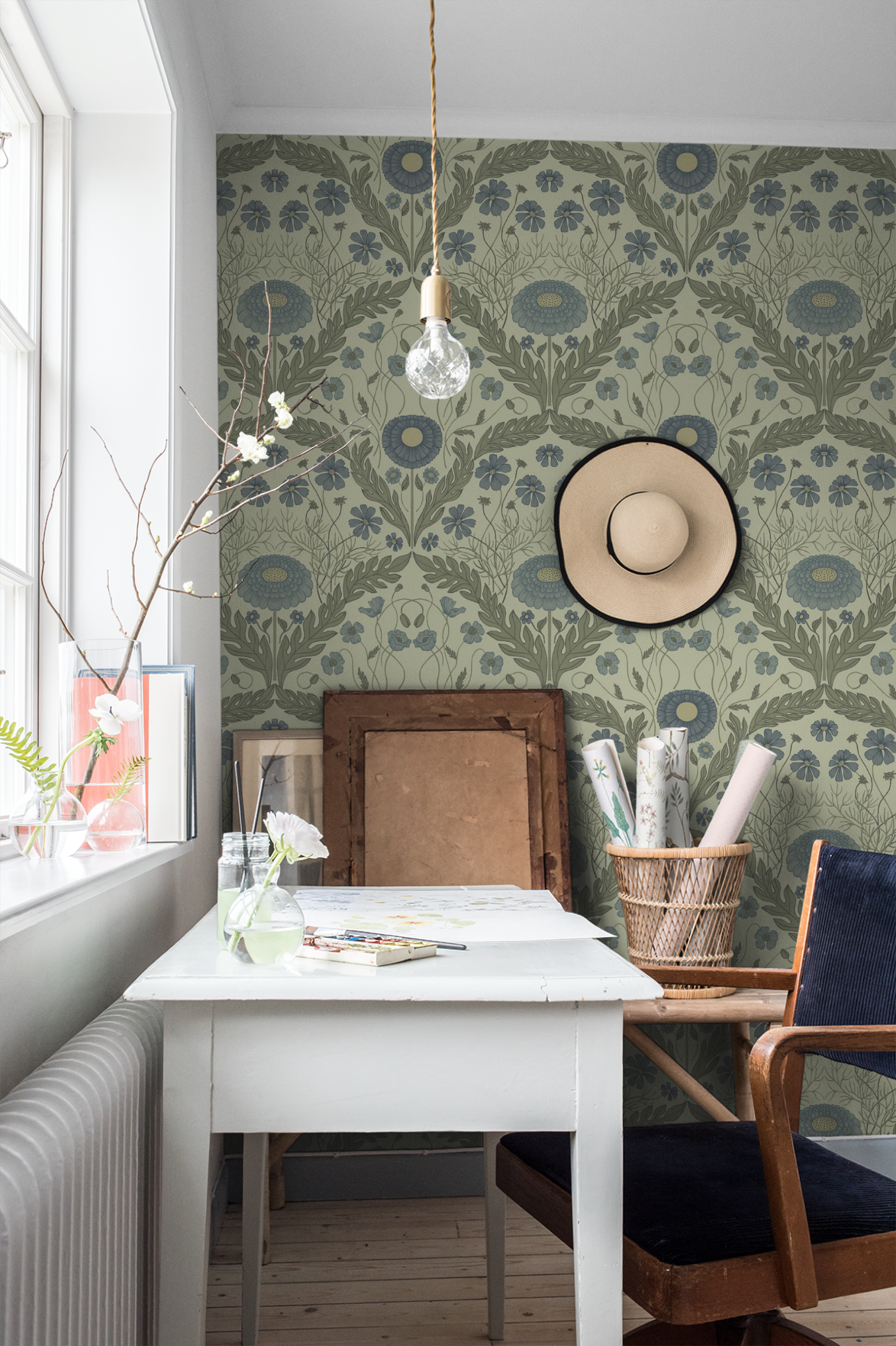 Midbec Wallpaper - Marguerite, Flowers & Leaves - Light Green