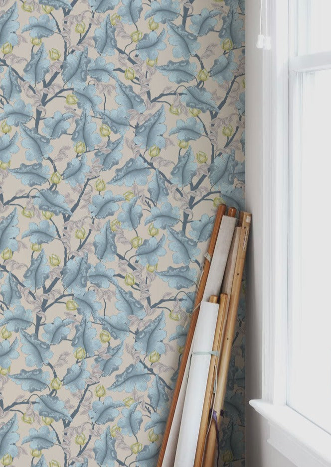 Blumen-Tapete - Ranunkel - Blau & Beige