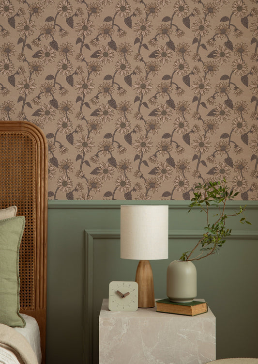 Summer Gray Wallpaper - Sunflowers - Tan