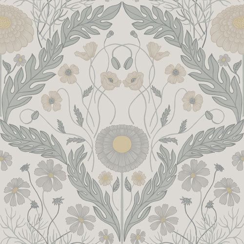 Bloemenbehang - Marguerite, Flowers & Leaves - Lichtgrijs