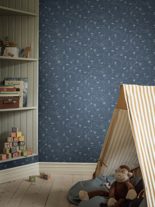 Kinderkamer Behang - Avonturen - Blauw & Wit