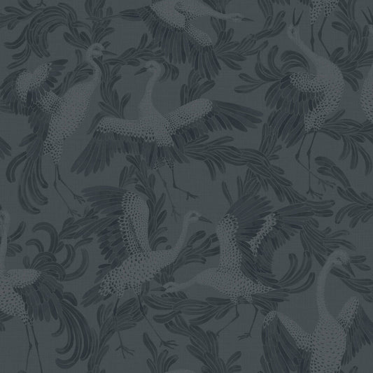Geometrisch behang - Dansende kraanvogel - Indigoblauw