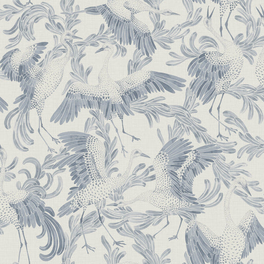 Geometrisch Behang - Dansende Kraanvogel - Blauw & Wit