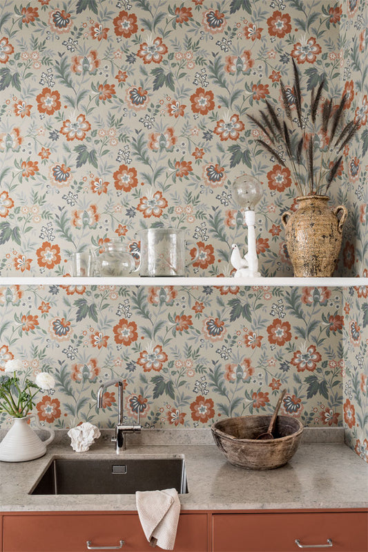 Bloemenbehang - Mirabelle - Roze bloemen & bladeren