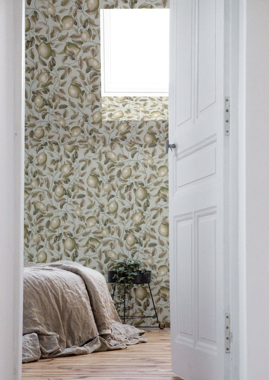 Summer Gray Wallpaper - Lemon Trees - Seagrass Green