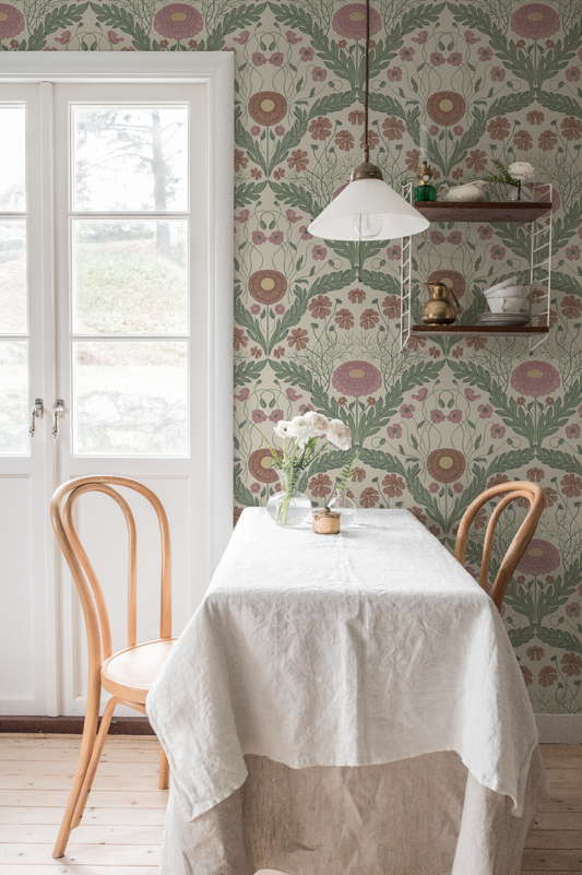 Midbec Wallpaper - Marguerite, Flowers & Leaves - Pink & Green