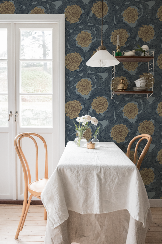 Bloemenbehang - Bloemen & Bladeren - Blauw en Bruin