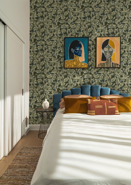 Floral Wallpaper - Ranunculus - Green & Blue